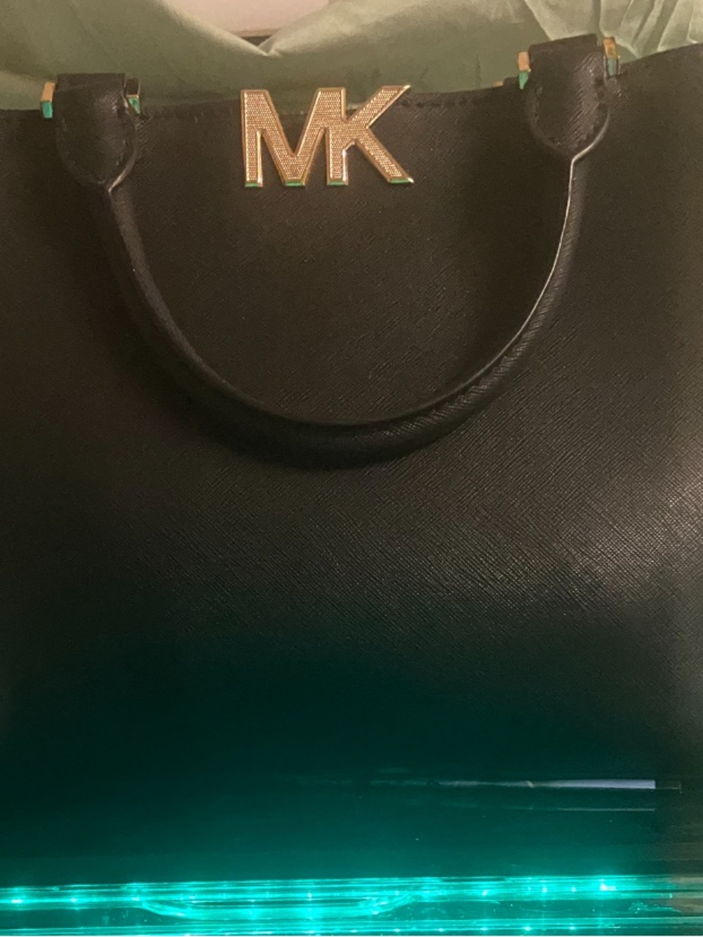 Michael Kors Black Leather Tote with Gold MK Logo